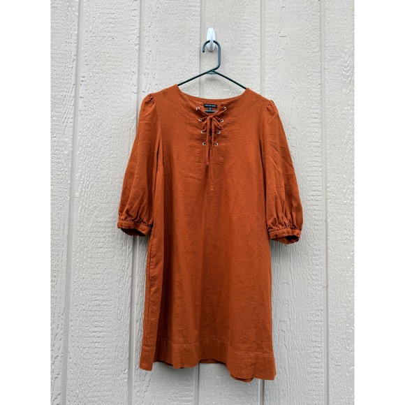 Who What Wear Dresses & Skirts - Who What Wear XS Dress Boho Linen Blend Burnt Orange Lace Up Puff Sleeve